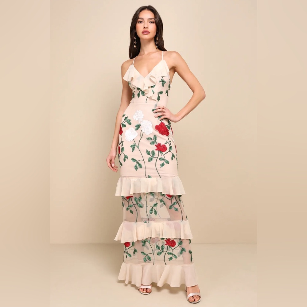 Lulus True to heart beige floral embroidered ruffles tiered maxi dress